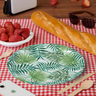 Retro Chic Tropisch Groen Palm Bladeren Kunstpatro Papieren Bordje
