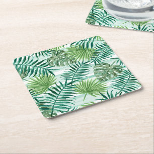 Retro Chic Tropisch Groen Palm Bladeren Kunstpatro Vierkante Kartonnen Onderzetter