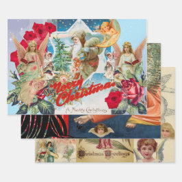 RETRO CHRISTMAS AFBEELDINGEN die Reeks van 3 verpa Inpakpapier Vel