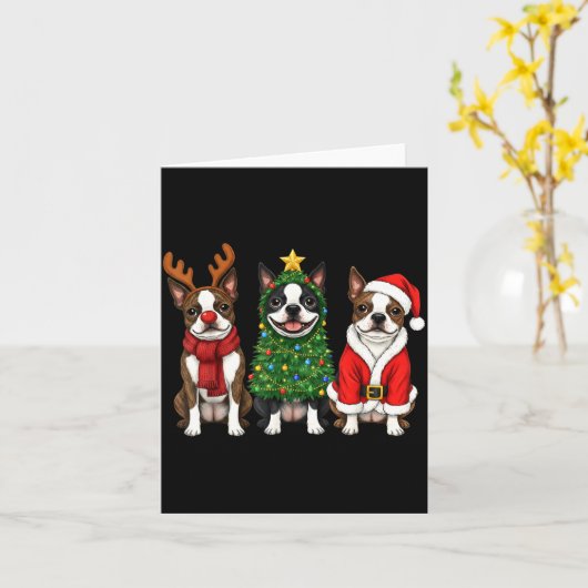 Retro Christmas Boston Terrier Santa Reindeer Dog Kaart (Gele Bloem)