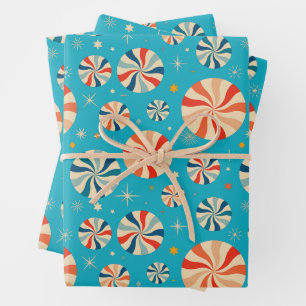 Retro Christmas Candy Cane Blauw Inpakpapier Vel
