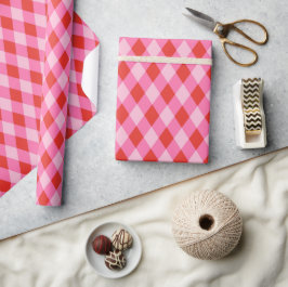 Retro Christmas Diamond Plaid - Rood & Roze Cadeaupapier