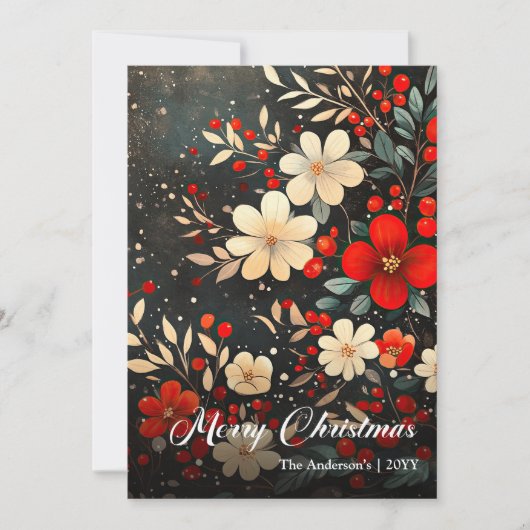 Retro Christmas Flowers Holiday Printable Greeting Feestdagenkaart (Voorkant)
