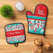 Retro Christmas Ornaments - Customizable Ovenwant & Pannenlap Set (Top down)