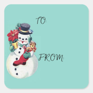 RETRO CHRISTMAS SNOWMAN VIERKANTE STICKER