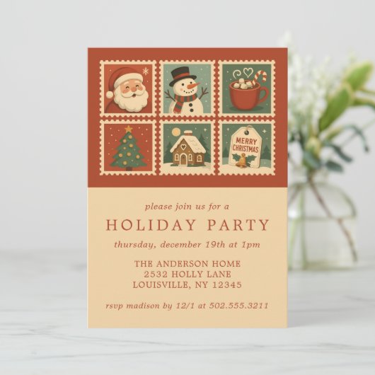 Retro Christmas Stamp Collage Holiday Party Kaart (Staand voorkant)