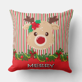 Retro Christmas Stripe Pattern & Reindeer Custom Kussen