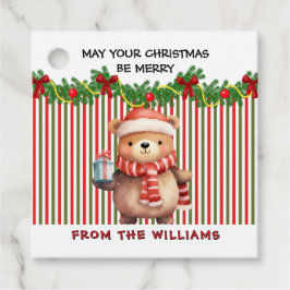 Retro Christmas Stripe Pattern & Teddy Bear Custom Bedankjes Labels