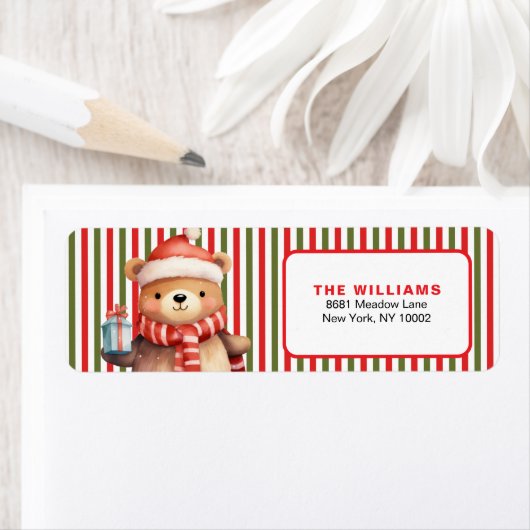 Retro Christmas Stripe Pattern & Teddy Bear Custom Etiket (Insitu)