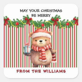 Retro Christmas Stripe Pattern & Teddy Bear Custom Vierkante Sticker