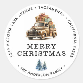 Retro Christmas Truck Retour Adreslabels Ronde Sticker