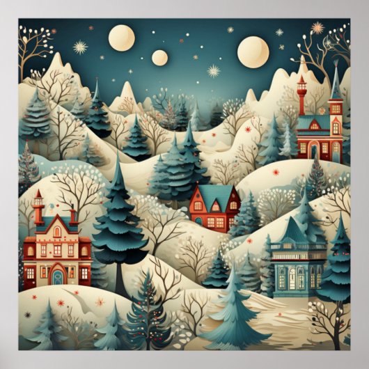 Retro Christmas Village Pine Trees Snow Poster (Voorkant)