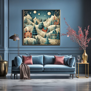  Retro Christmas Village Pine Trees Snow Poster