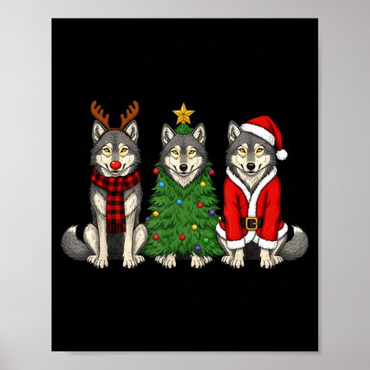 Retro Christmas Wolf Santa Reindeer  Poster (Voorkant)