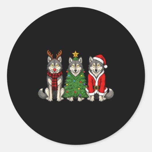 Retro Christmas Wolf Santa Reindeer  Ronde Sticker (Voorkant)