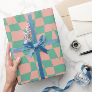 Retro Circus 70s aqua roze golvend geruit Patroon Cadeaupapier