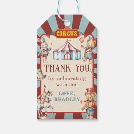 Retro Circus Dieren Carnaval Verjaardag Dank u Cadeaulabel (Voorkant)