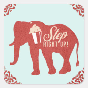Retro Circus Olifant Popcorn Verjaardagsfeestje Vierkante Sticker
