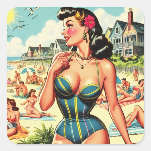 Retro Classic Beach Pin Up Vierkante Sticker (Voorkant)