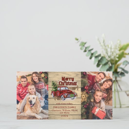 Retro Classic Red Kerstmis Truck Rustic Greeting Feestdagenkaart (Staand voorkant)