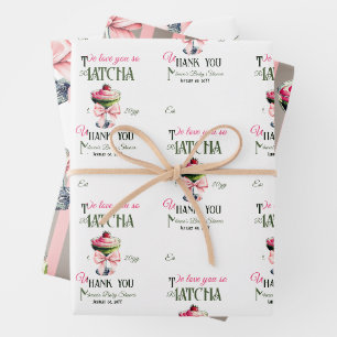 Retro Club Pink Bow Love You Matcha Baby shower Inpakpapier Vel