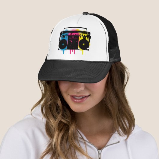 Retro CMYK Boombox Grafitti Spray Paint Design Trucker Pet (In situ)