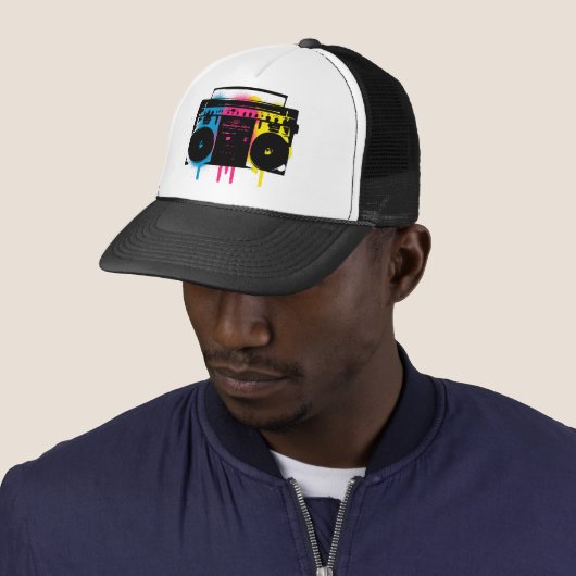 Retro CMYK Boombox Grafitti Spray Paint Design Trucker Pet (In situ)