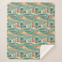 Retro Coastal Lighthouse Sherpa Blanket