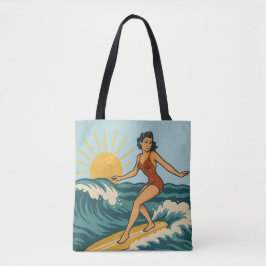 Retro Coastal Pin-Up Surfer Art | Blue Surf Beach Draagtas
