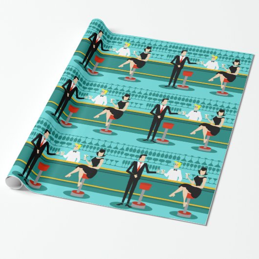 Retro Cocktail Lounge Wrapping Paper Cadeaupapier (Uitgerold)