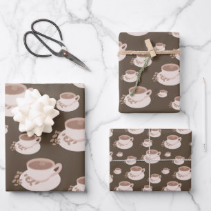 Retro Coffee Time Cups Brown Flat  Inpakpapier Vel