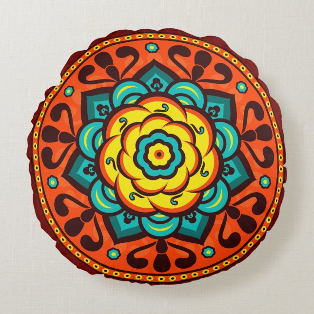 Retro Colorful Beauful Boho Bohemian Rond Kussen (Voorkant)