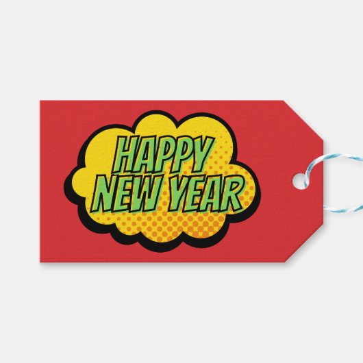 Retro Comic Book Style Happy Nieuwjaar Cadeaulabel (Voorkant (Horizontaal))