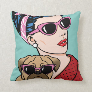 Retro Comic Girl met Dog Pillow Kussen