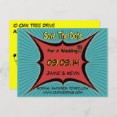Retro Comic Pop Art Wedding Save the Date Briefkaa Aankondigingskaart (Voorkant / Achterkant)