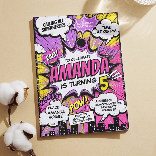 Retro Comic Superhelden Meisje Verjaardagsfeestje Kaart