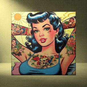 Retro Comics Tattoo Girl Tegeltje