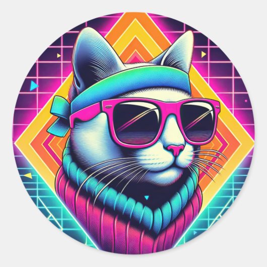 Retro Cool Cat Ronde Sticker (Voorkant)