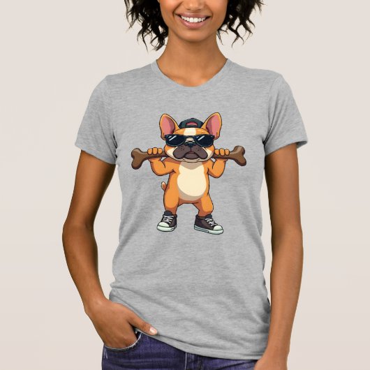 Retro Cool Franse Bulldog Draagt Bot Cartoon T-shirt (Voorkant)