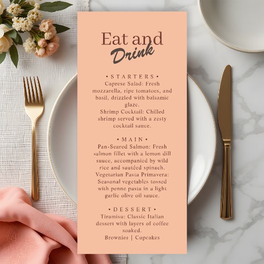 Retro Coral Peach Eat and Drink Wedding  Menu
