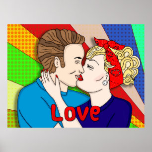 Retro Couple Kissing, Pop Art uit 1950 Poster