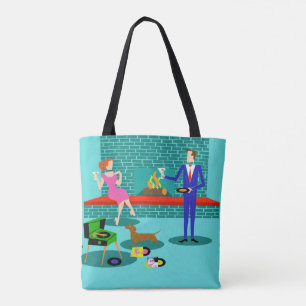 Retro Couple met Dog All-Over Print Canvas tas