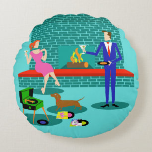 Retro Couple met Dog Round Pillow Rond Kussen