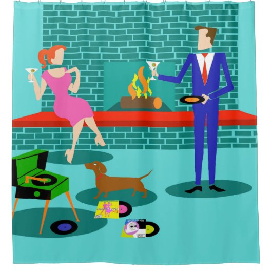 Retro Couple met Dog Shower Curtain Douchegordijn (Voorkant)
