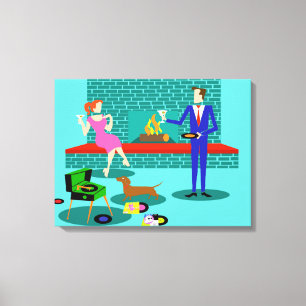 Retro Couple met Dog Stretched Canvas Afdrukken