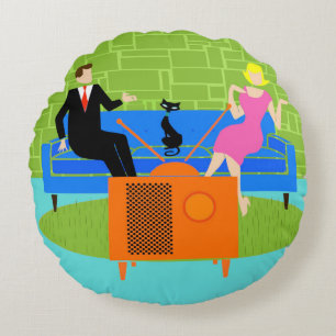 Retro Couple met kat Round Pillow Rond Kussen