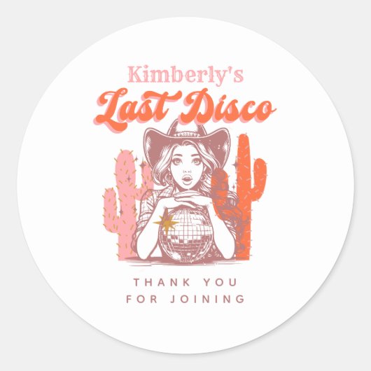 Retro Cowgirl Laatste Disco Bachelorette Bedankt Ronde Sticker (Voorkant)