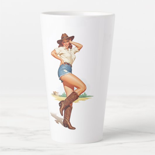 Retro Cowgirl Pin-up Art Latte Mok (Voorkant)