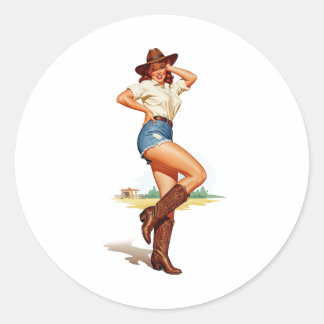 Retro Cowgirl Pin-up Art Ronde Sticker