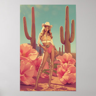 Retro Cowgirl Pin-Up – Westerse Woestijn Jaren 70 Poster